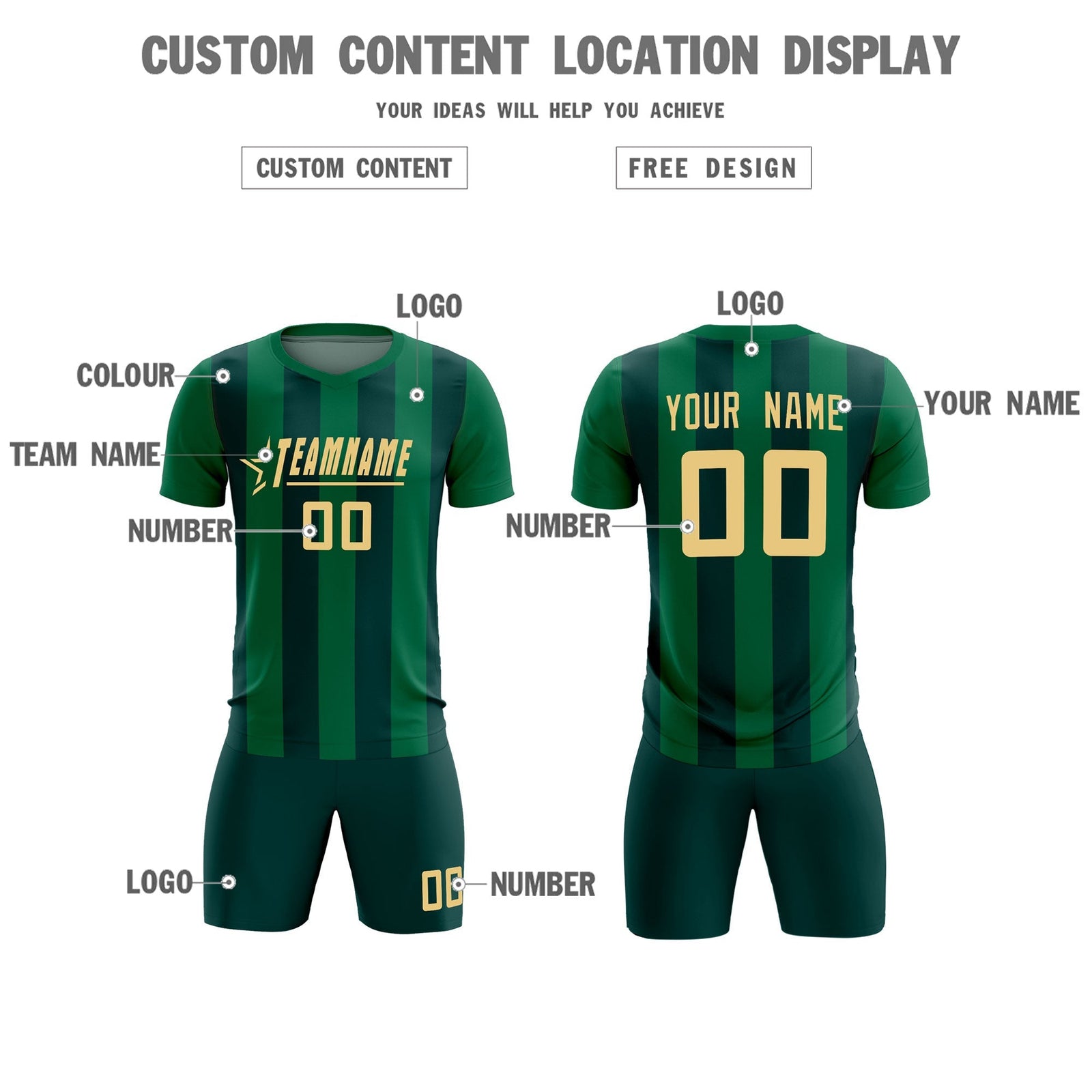 Custom Kelly Green Midnight Green Vertical Stripes Casual Outdoor Soccer Sets Jersey
