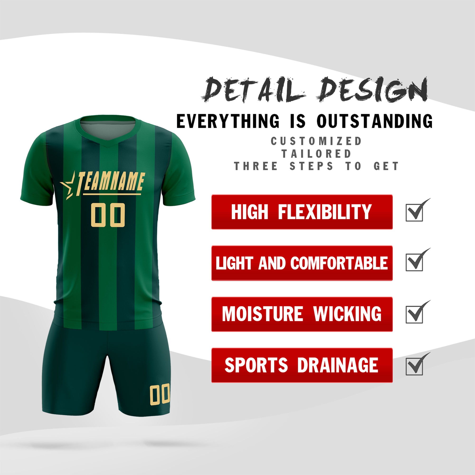 Custom Kelly Green Midnight Green Vertical Stripes Casual Outdoor Soccer Sets Jersey
