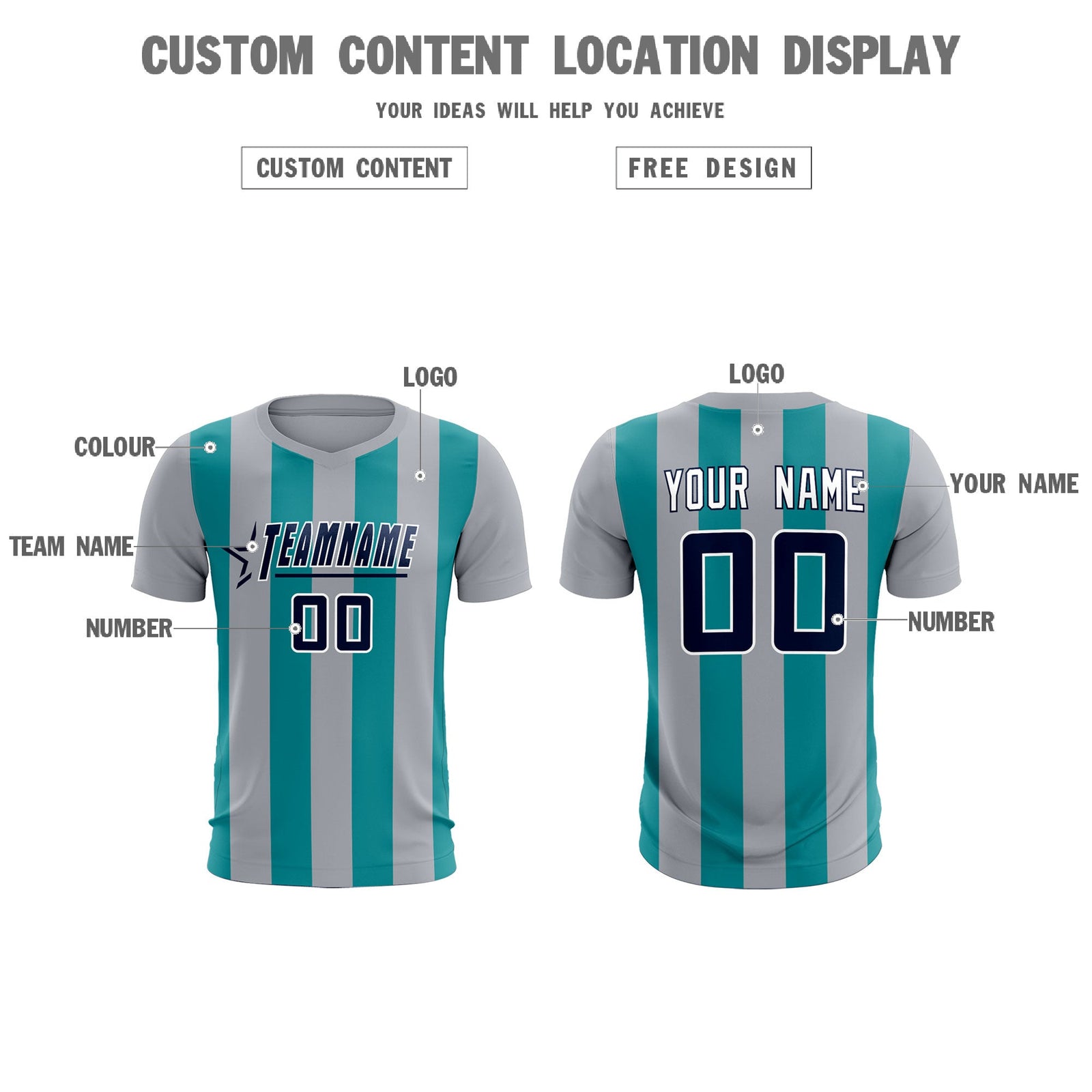 Custom Gray Aqua Vertical Stripes Casual Outdoor Soccer Sets Jersey