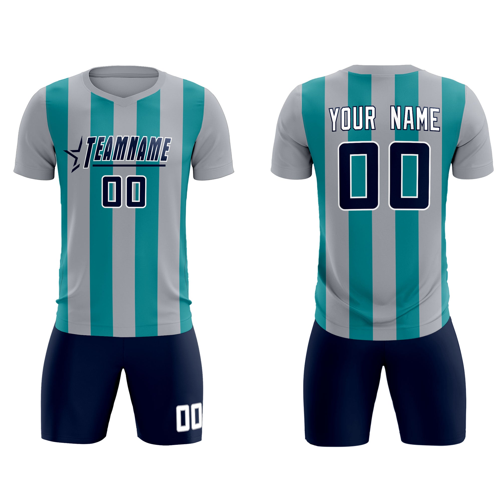 Custom Gray Aqua Vertical Stripes Casual Outdoor Soccer Sets Jersey