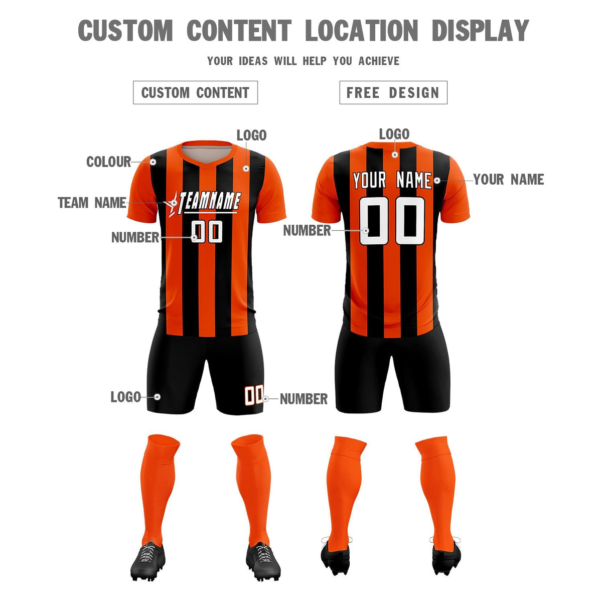 Custom Orange Black Vertical Stripes Casual Outdoor Soccer Sets Jersey