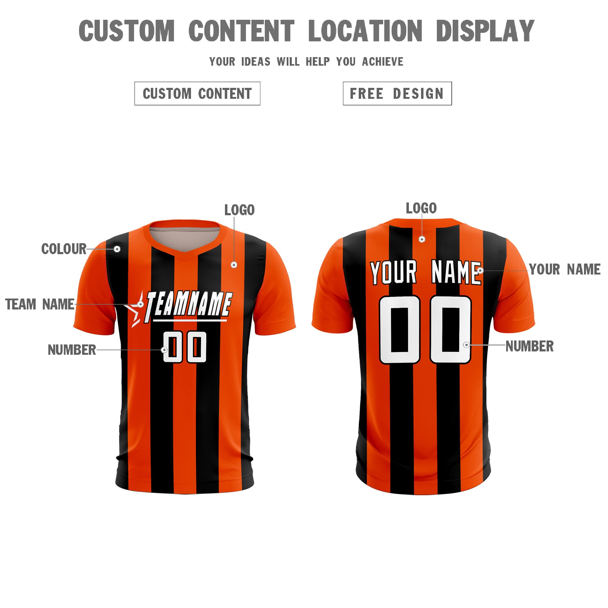 Custom Orange Black Vertical Stripes Casual Outdoor Soccer Sets Jersey