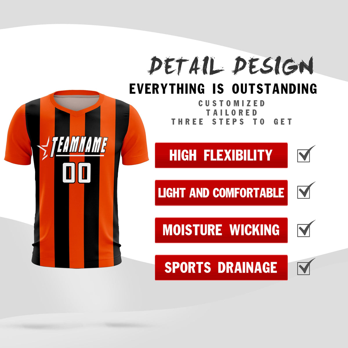 Custom Orange Black Vertical Stripes Casual Outdoor Soccer Sets Jersey