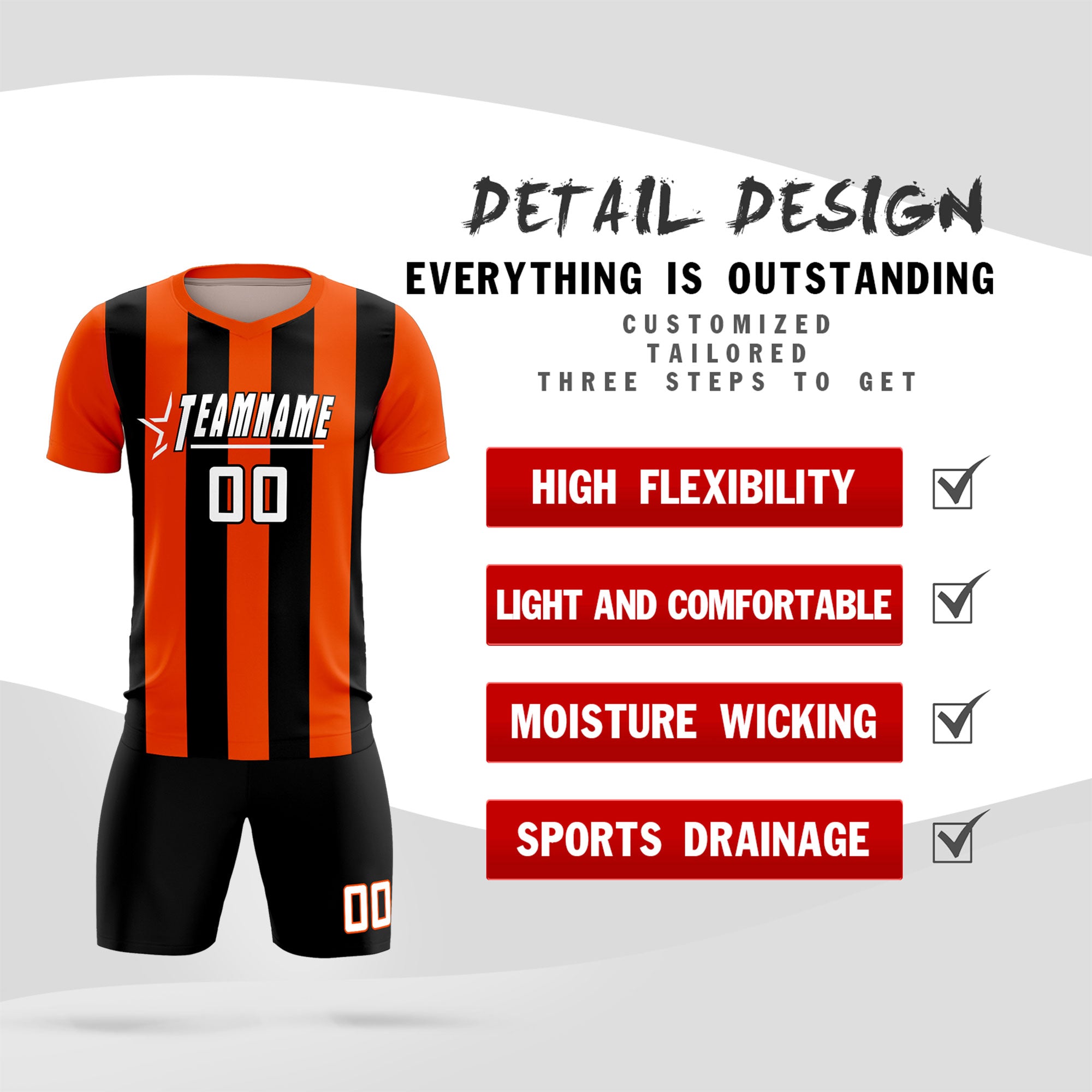Custom Orange Black Vertical Stripes Casual Outdoor Soccer Sets Jersey