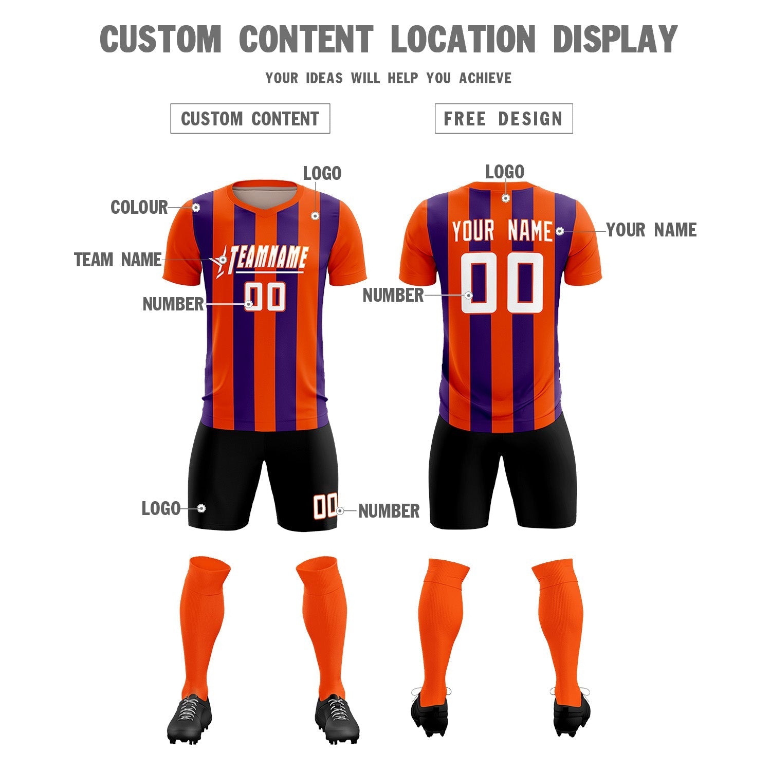 Custom Orange Purple Vertical Stripes Casual Outdoor Soccer Sets Jersey