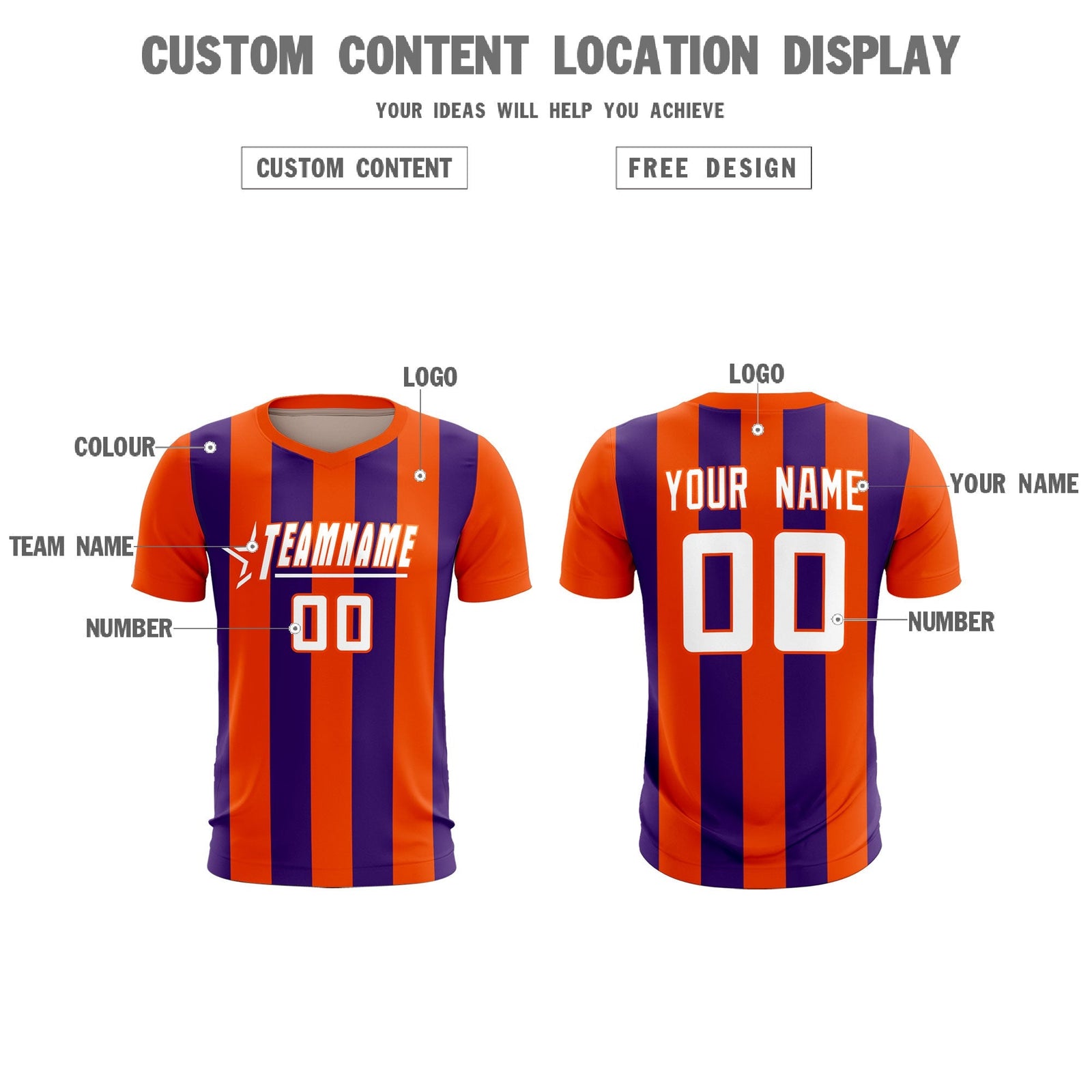 Custom Orange Purple Vertical Stripes Casual Outdoor Soccer Sets Jersey