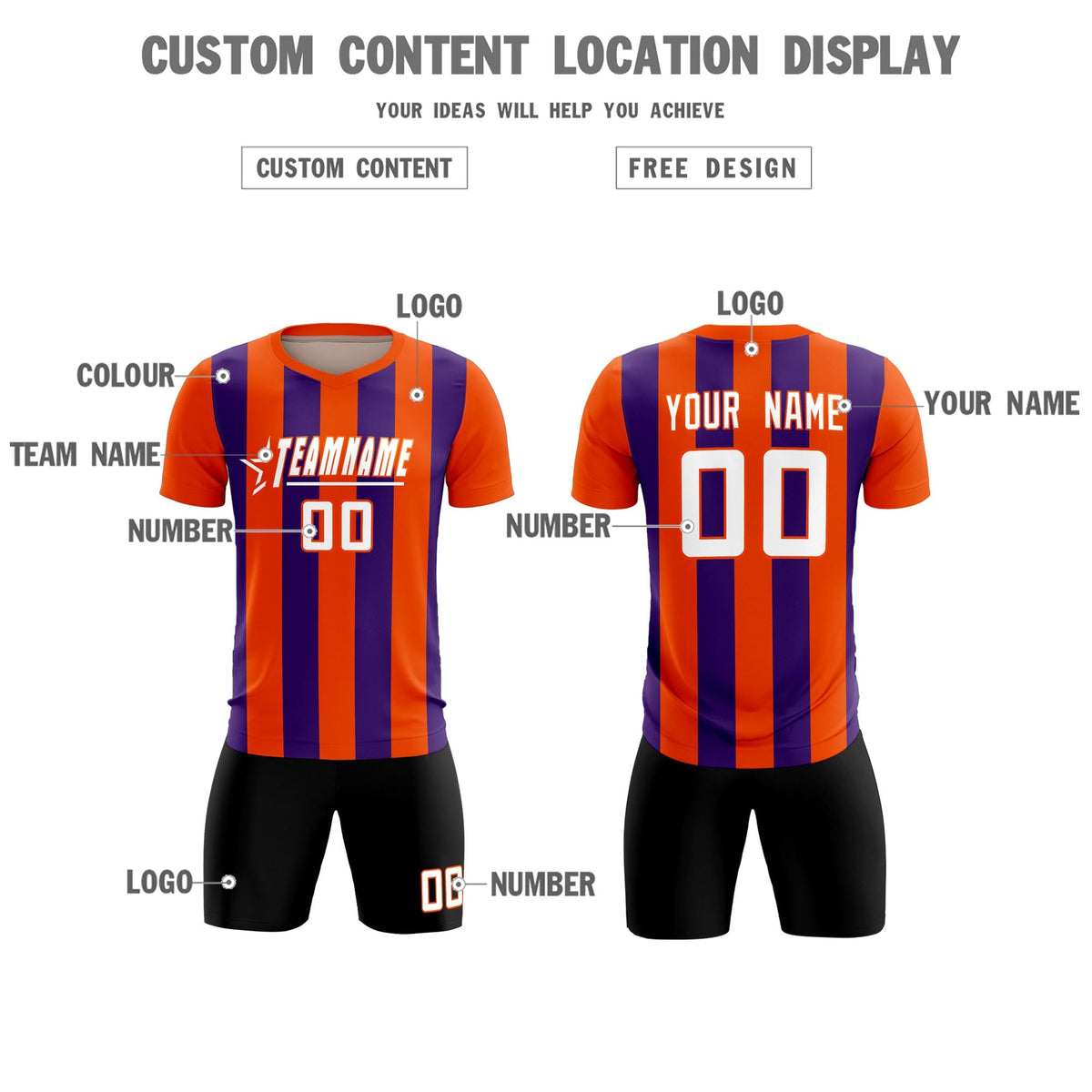Custom Orange Purple Vertical Stripes Casual Outdoor Soccer Sets Jersey