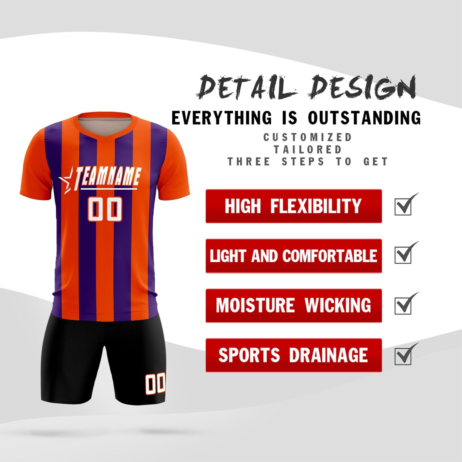 Custom Orange Purple Vertical Stripes Casual Outdoor Soccer Sets Jersey