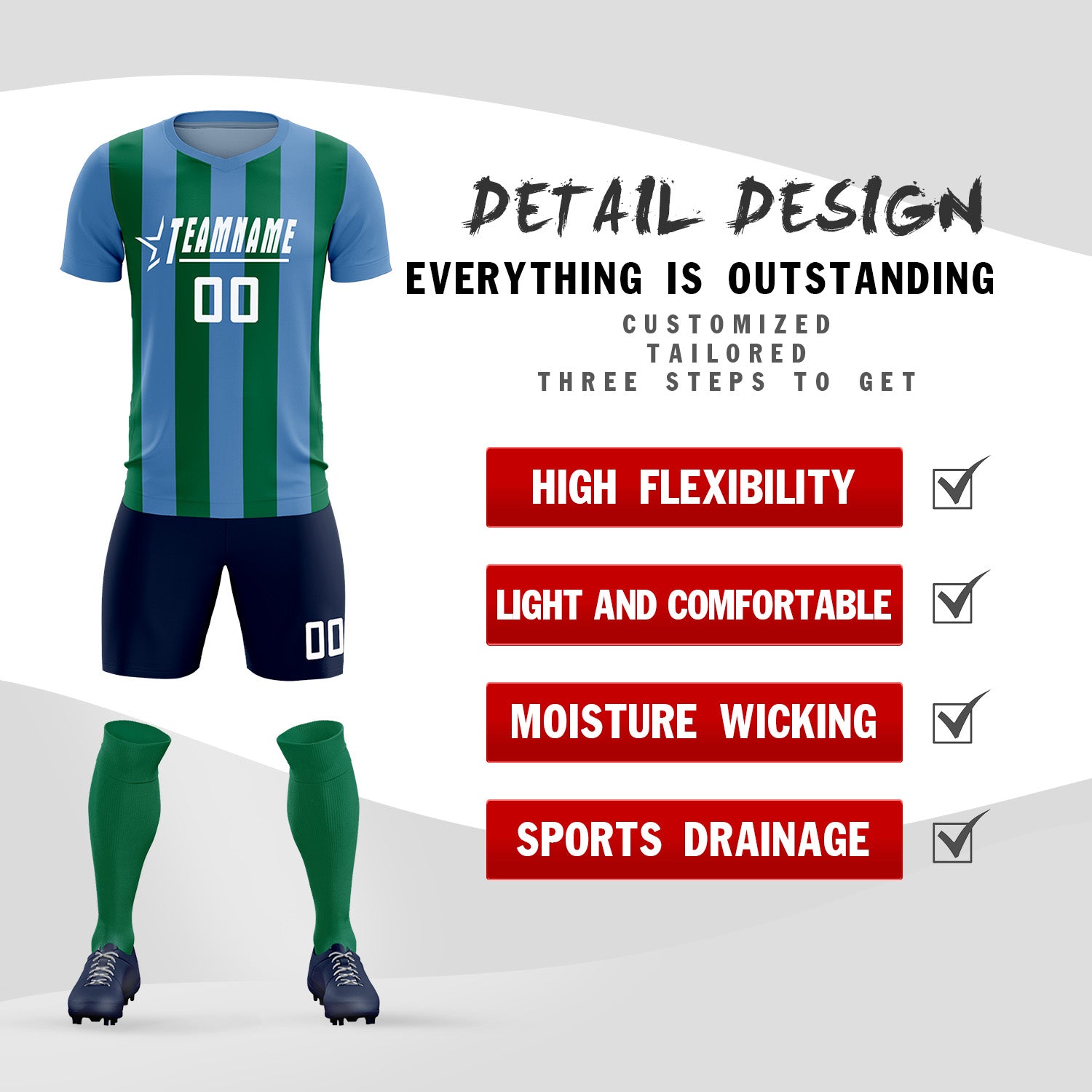 Custom Light Blue Kelly Green Vertical Stripes Casual Outdoor Soccer Sets Jersey