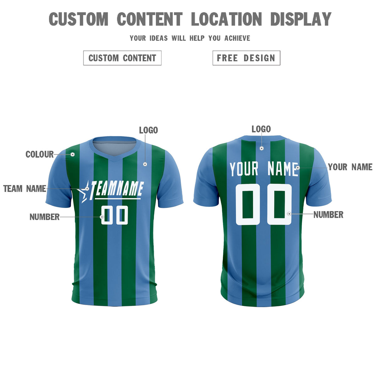 Custom Light Blue Kelly Green Vertical Stripes Casual Outdoor Soccer Sets Jersey