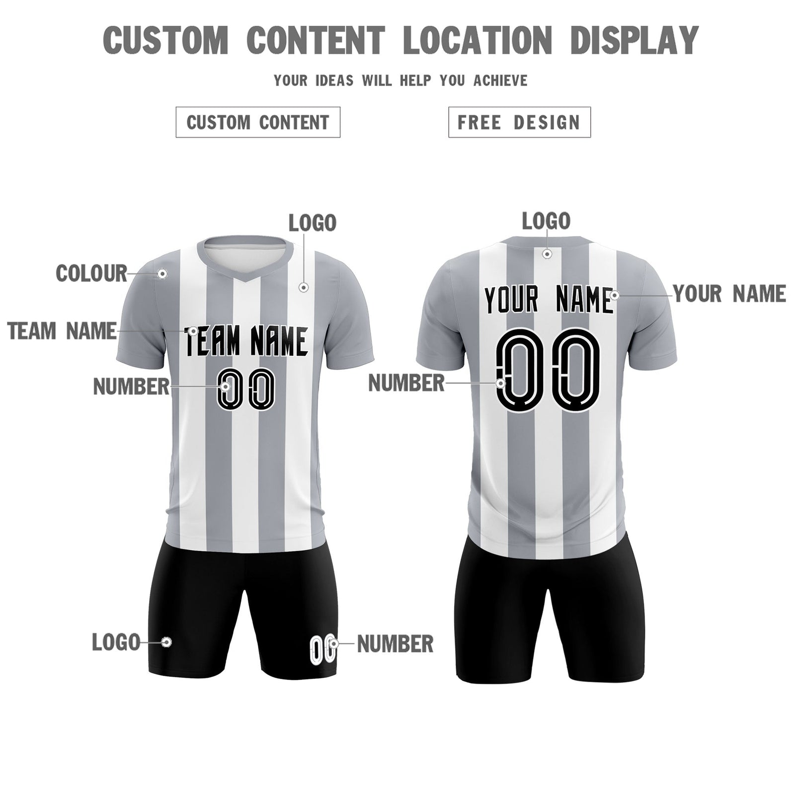 Custom White Gray Vertical Stripes Casual Outdoor Soccer Sets Jersey