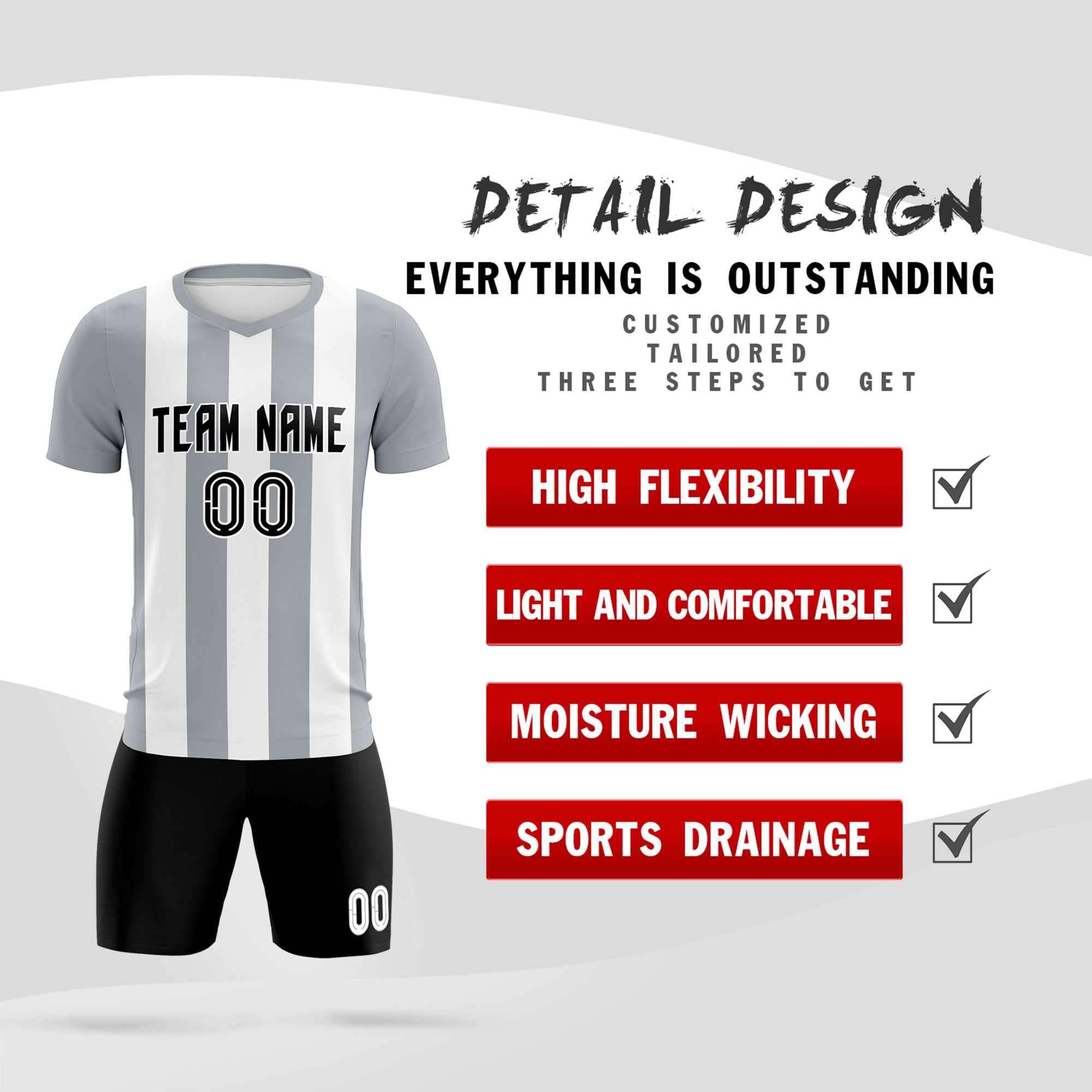 Custom White Gray Vertical Stripes Casual Outdoor Soccer Sets Jersey