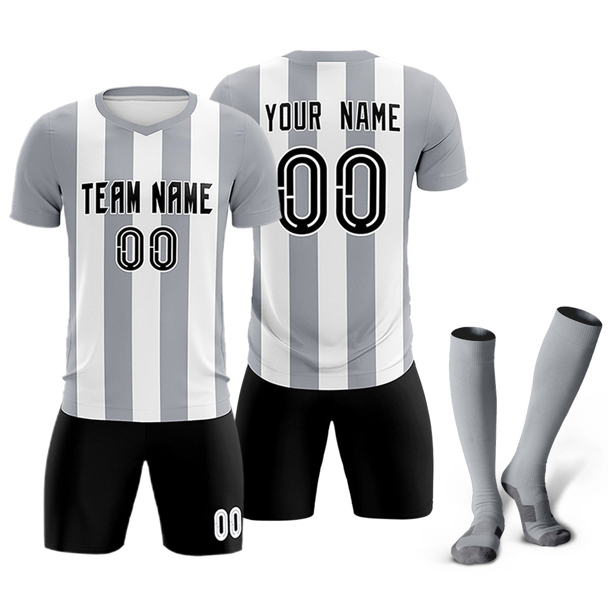 Custom White Gray Vertical Stripes Casual Outdoor Soccer Sets Jersey