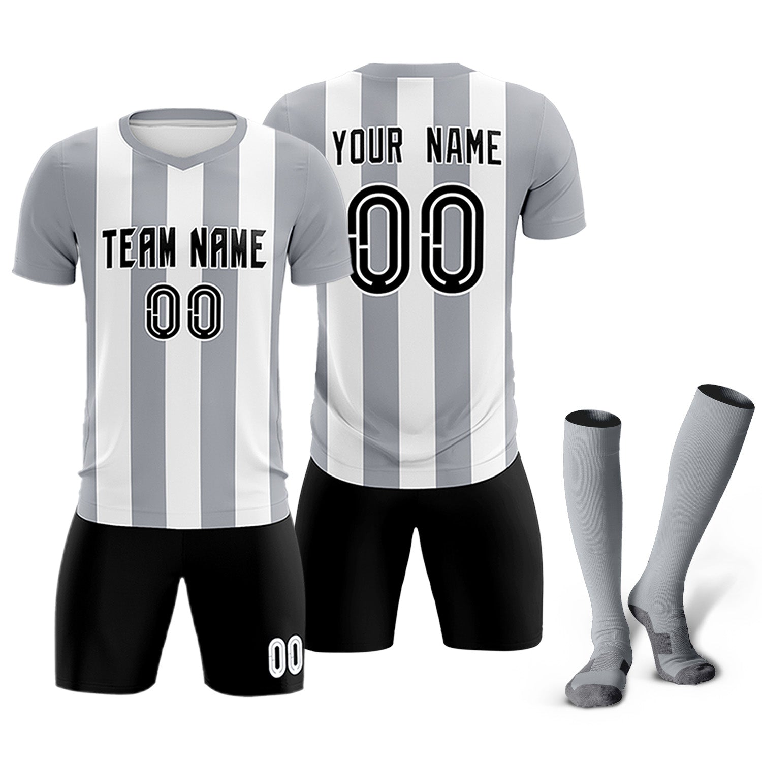 Custom White Gray Vertical Stripes Casual Outdoor Soccer Sets Jersey