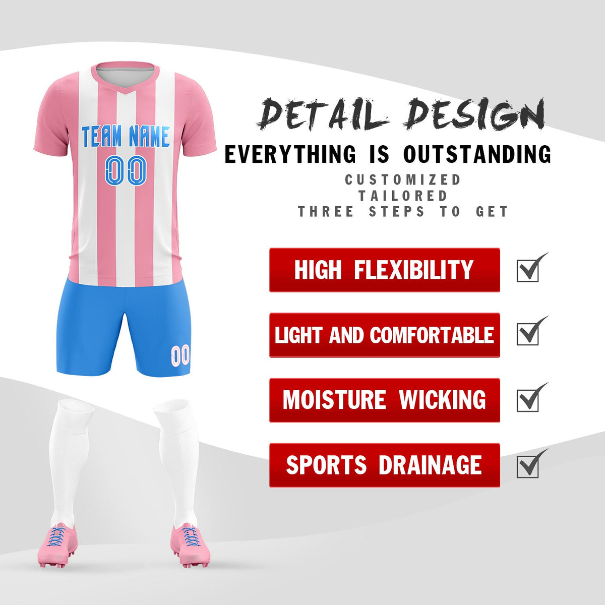 Custom White Light Pink Vertical Stripes Casual Outdoor Soccer Sets Jersey
