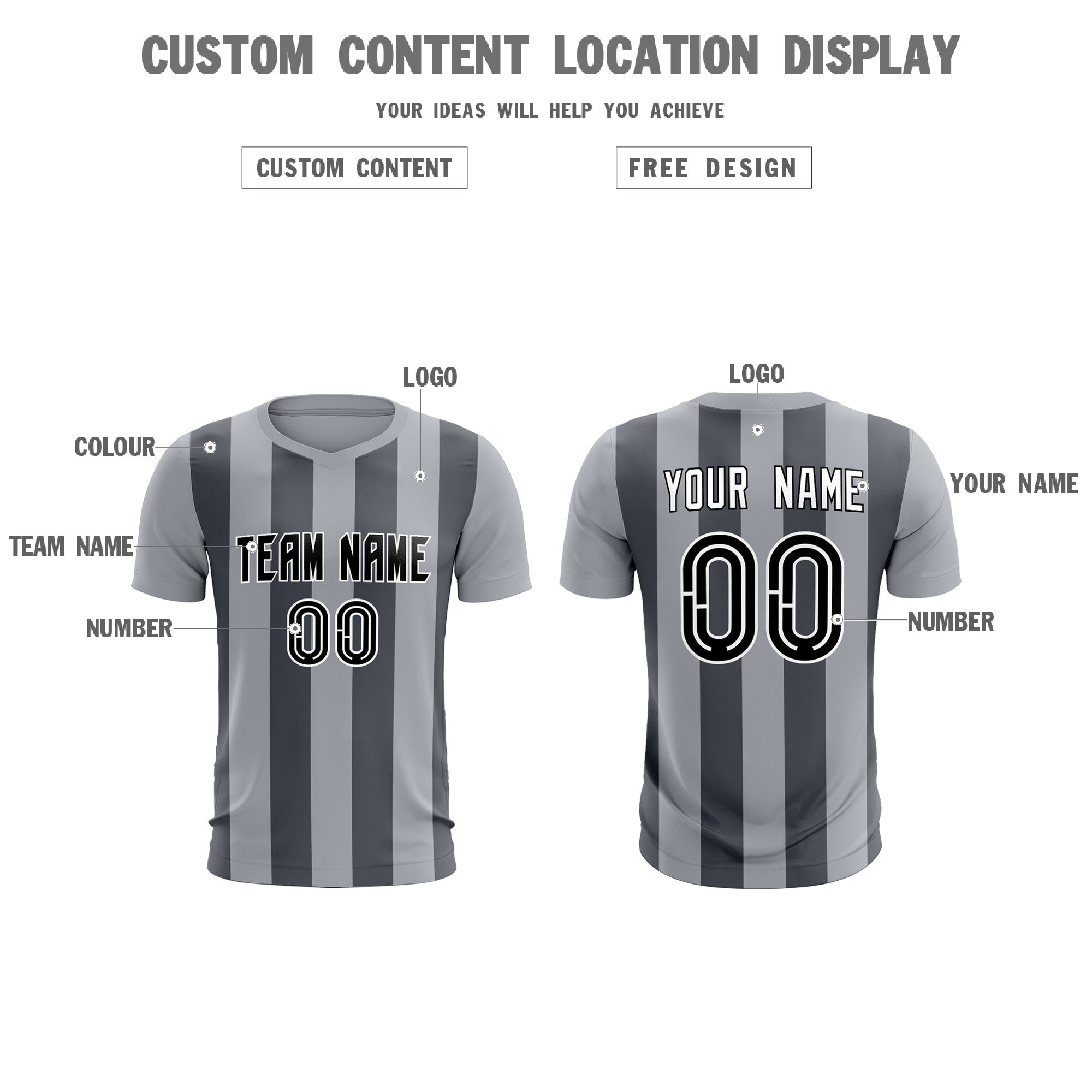 Custom Gray Dark Gray Vertical Stripes Casual Outdoor Soccer Sets Jersey