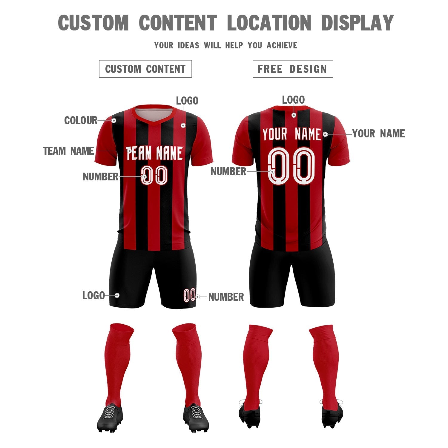 Custom Red Black Vertical Stripes Casual Outdoor Soccer Sets Jersey