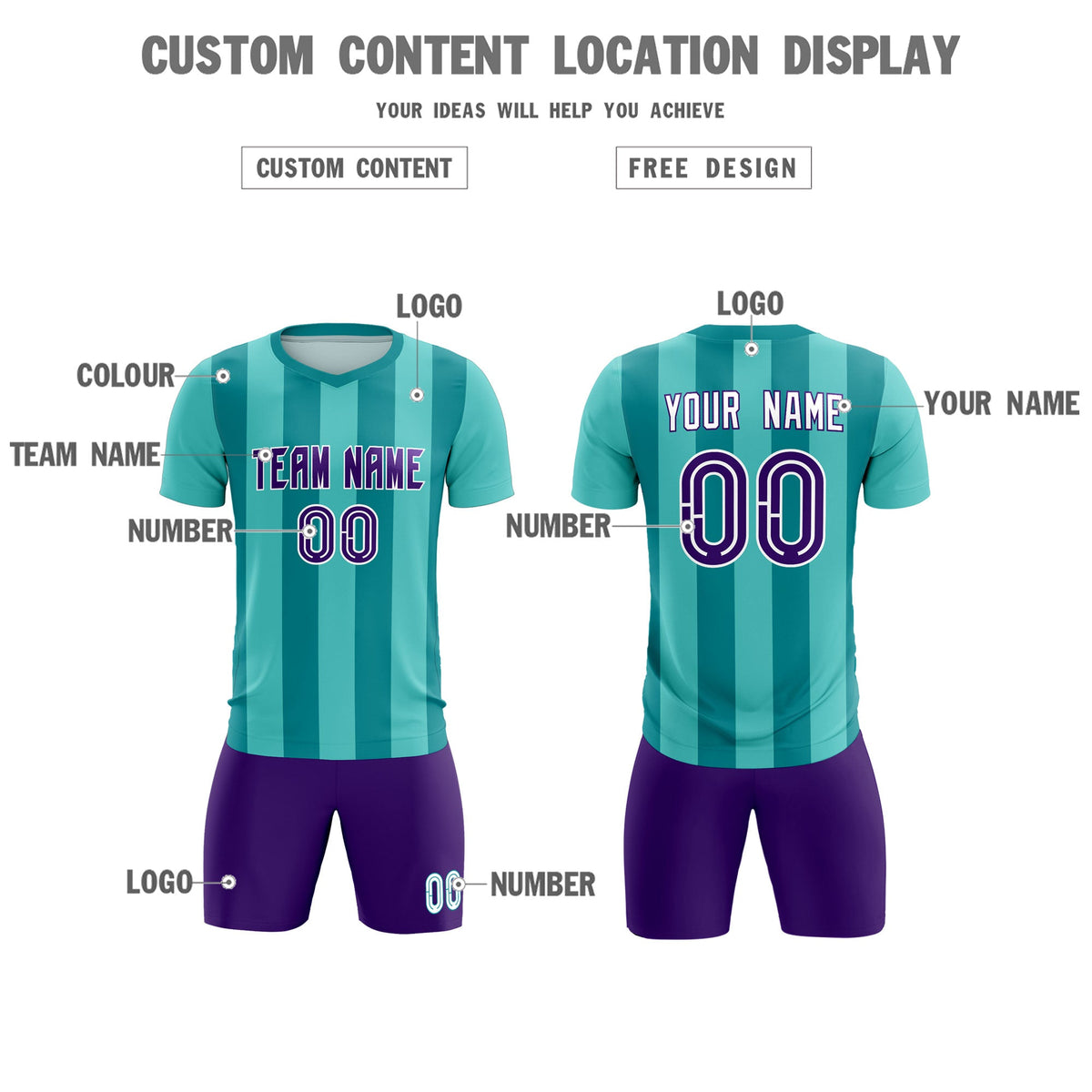 Custom Bright Green Aqua Vertical Stripes Casual Outdoor Soccer Sets Jersey