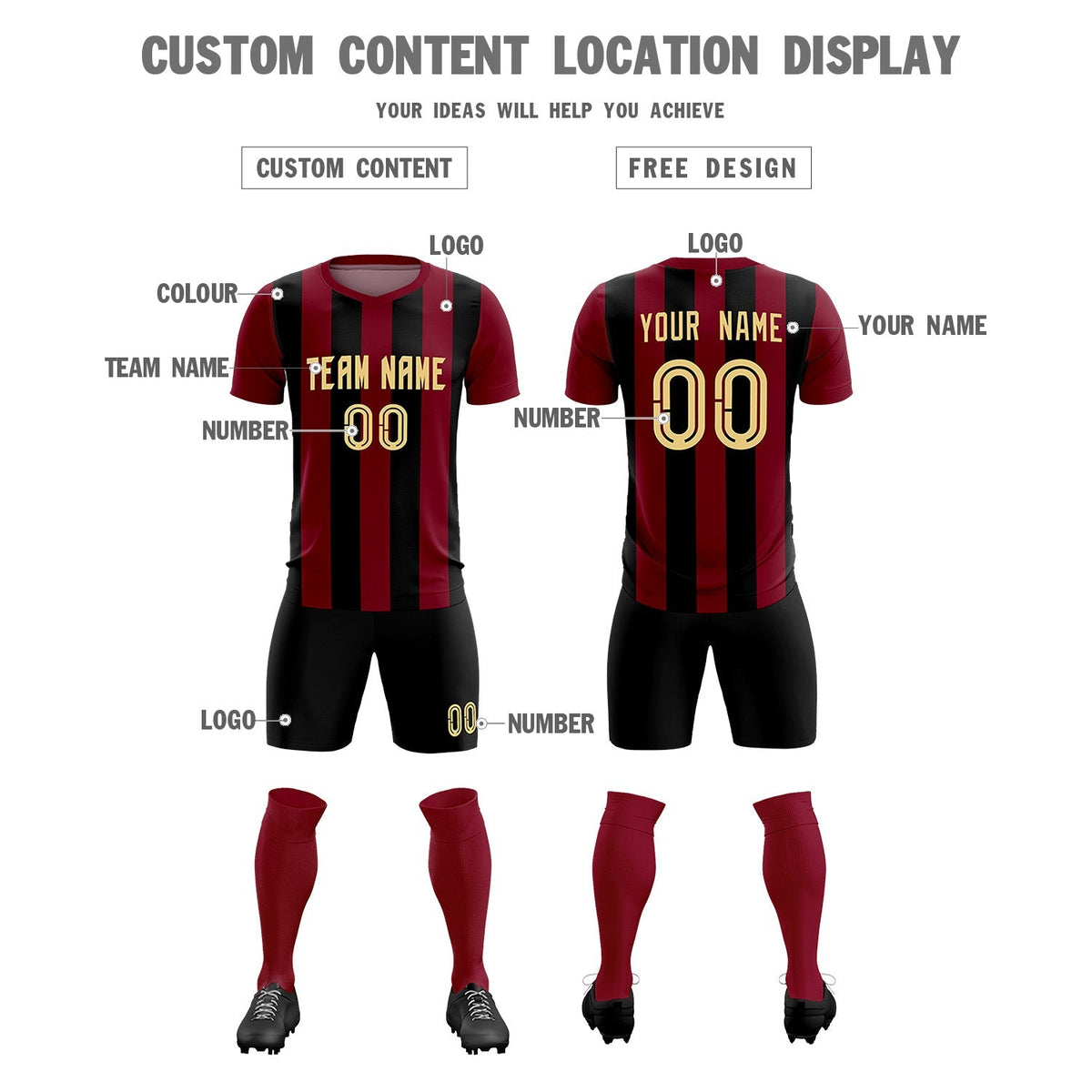 Custom Crimson Black Vertical Stripes Casual Outdoor Soccer Sets Jersey
