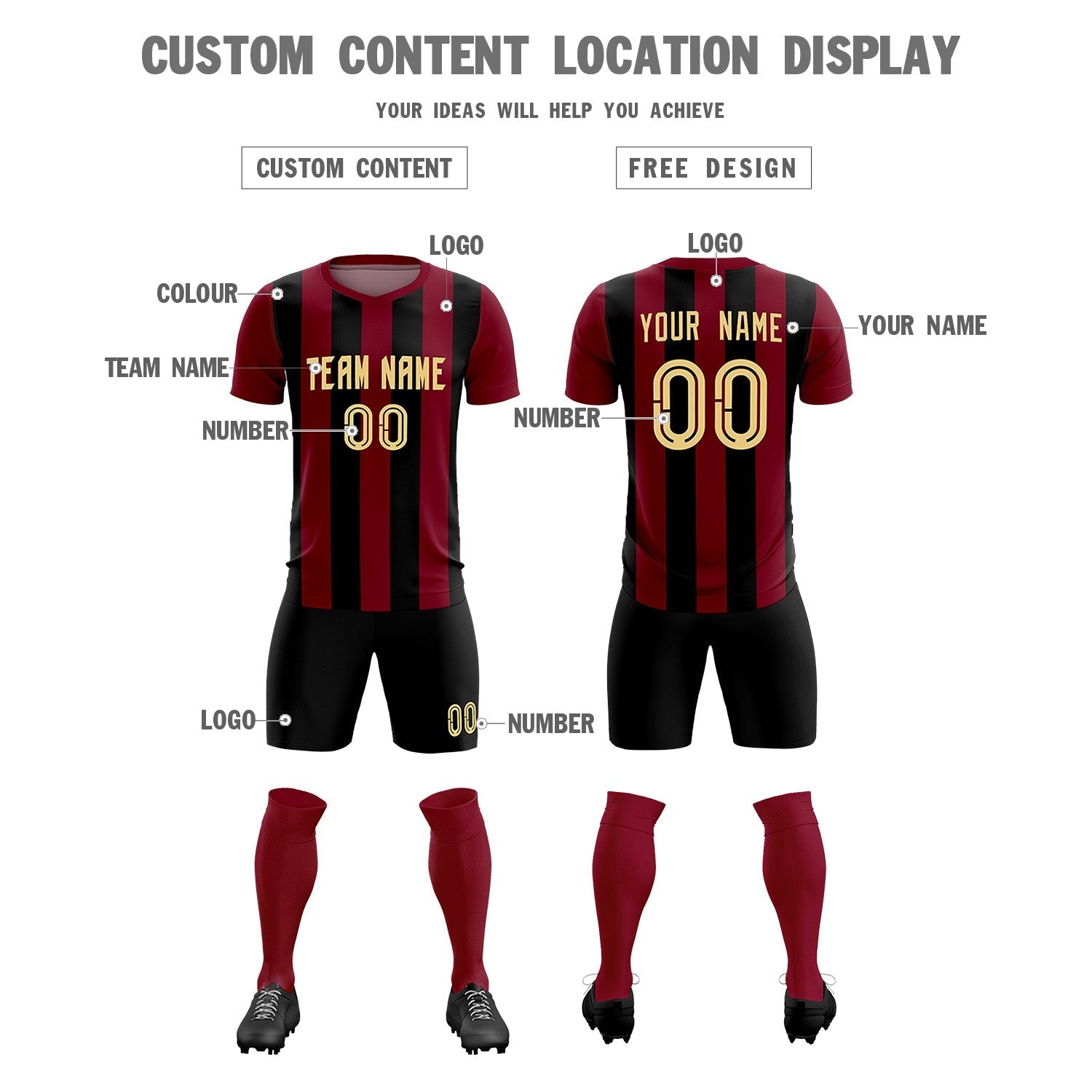 Custom Crimson Black Vertical Stripes Casual Outdoor Soccer Sets Jersey