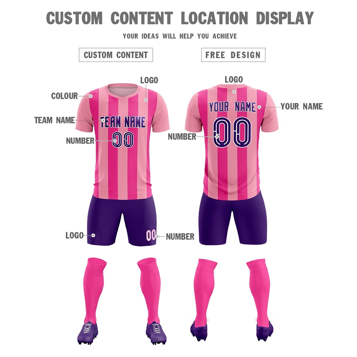 Custom Light Pink Pink Vertical Stripes Casual Outdoor Soccer Sets Jersey