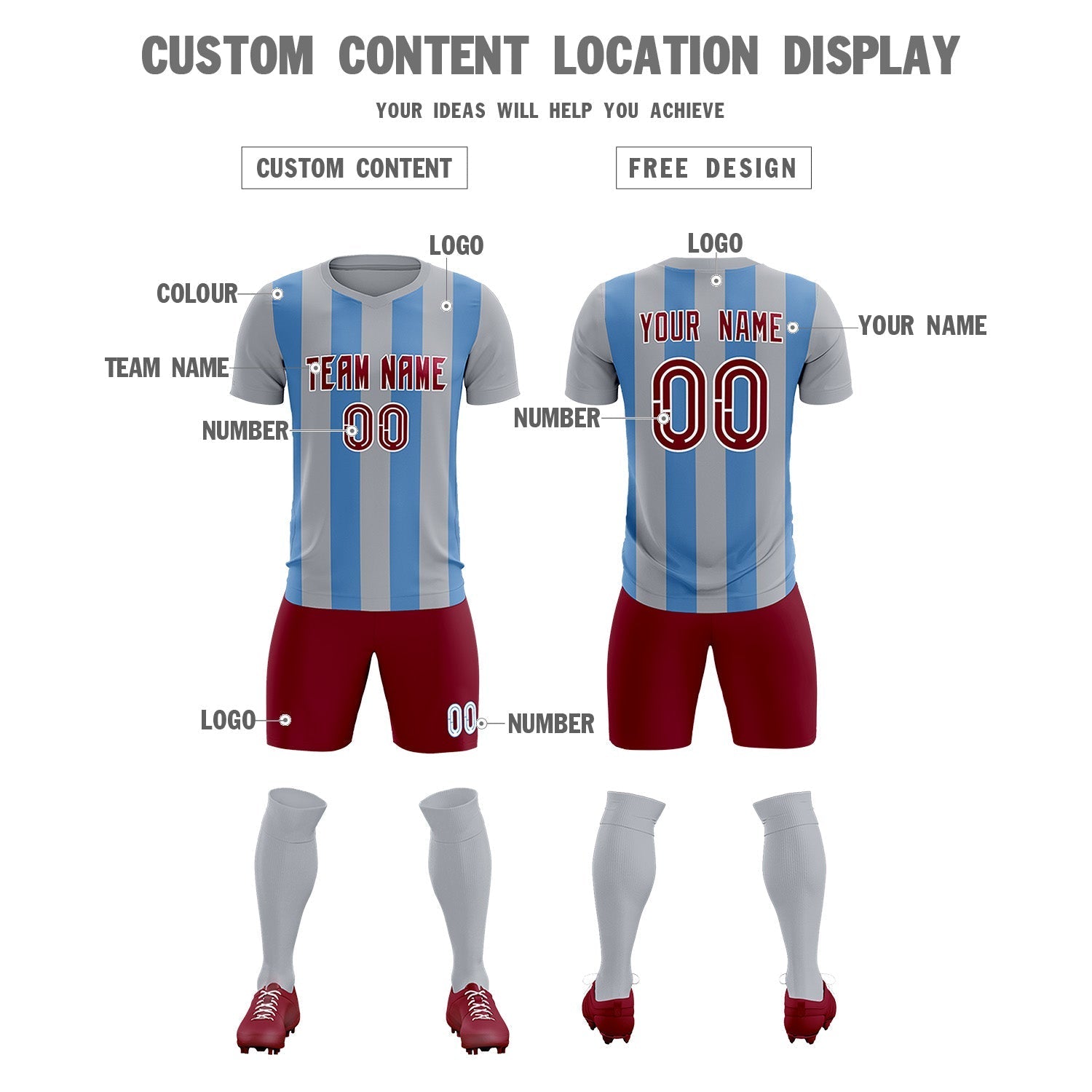Custom Gray Light Blue Vertical Stripes Casual Outdoor Soccer Sets Jersey