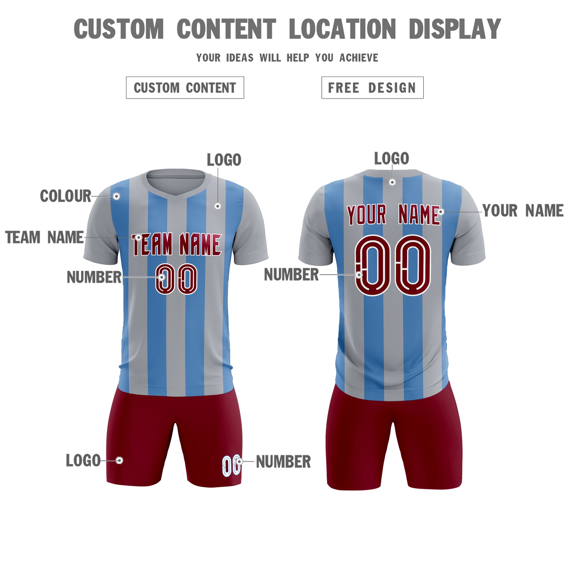 Custom Gray Light Blue Vertical Stripes Casual Outdoor Soccer Sets Jersey
