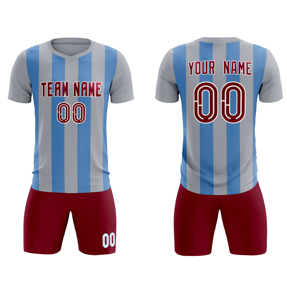 Custom Gray Light Blue Vertical Stripes Casual Outdoor Soccer Sets Jersey