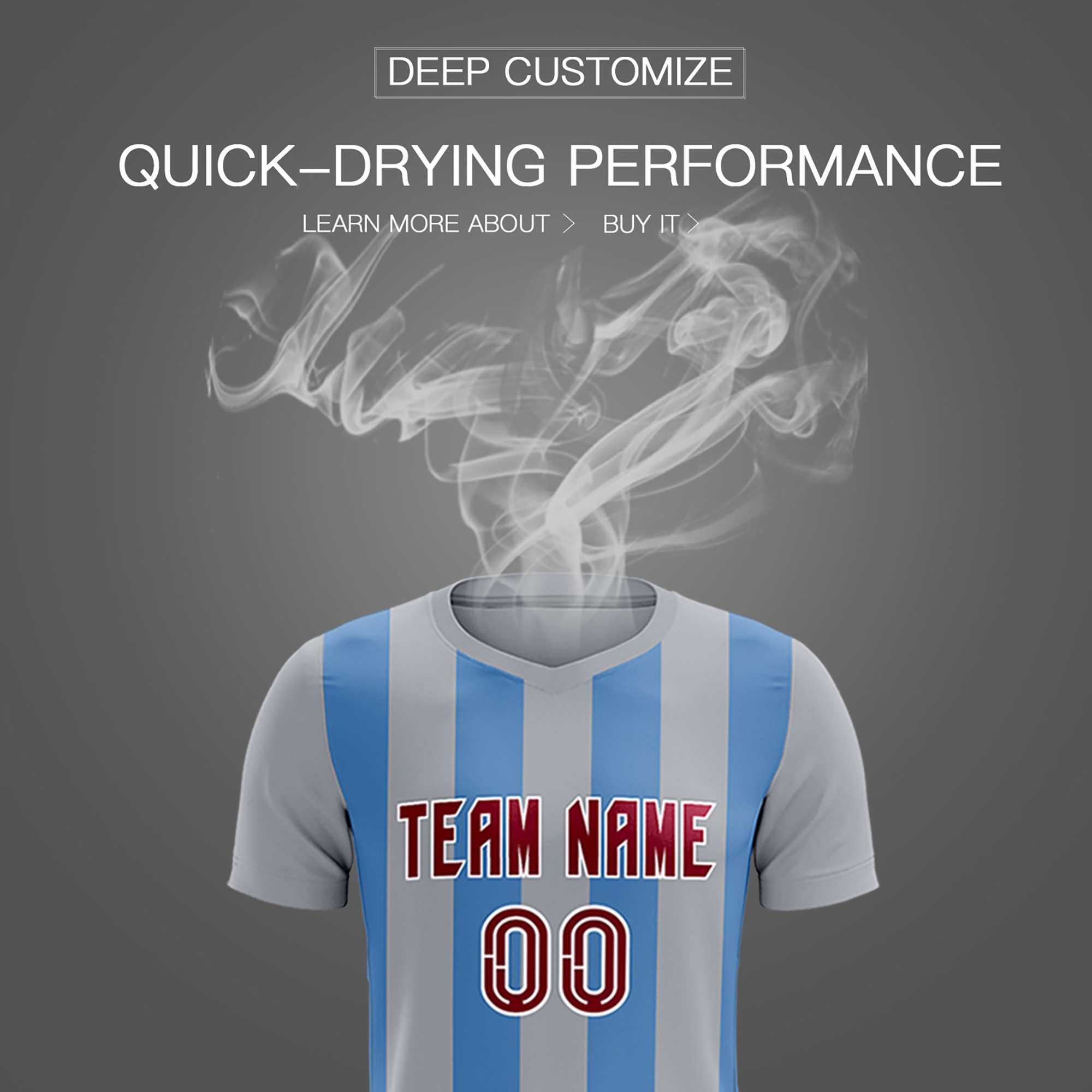 Custom Gray Light Blue Vertical Stripes Casual Outdoor Soccer Sets Jersey