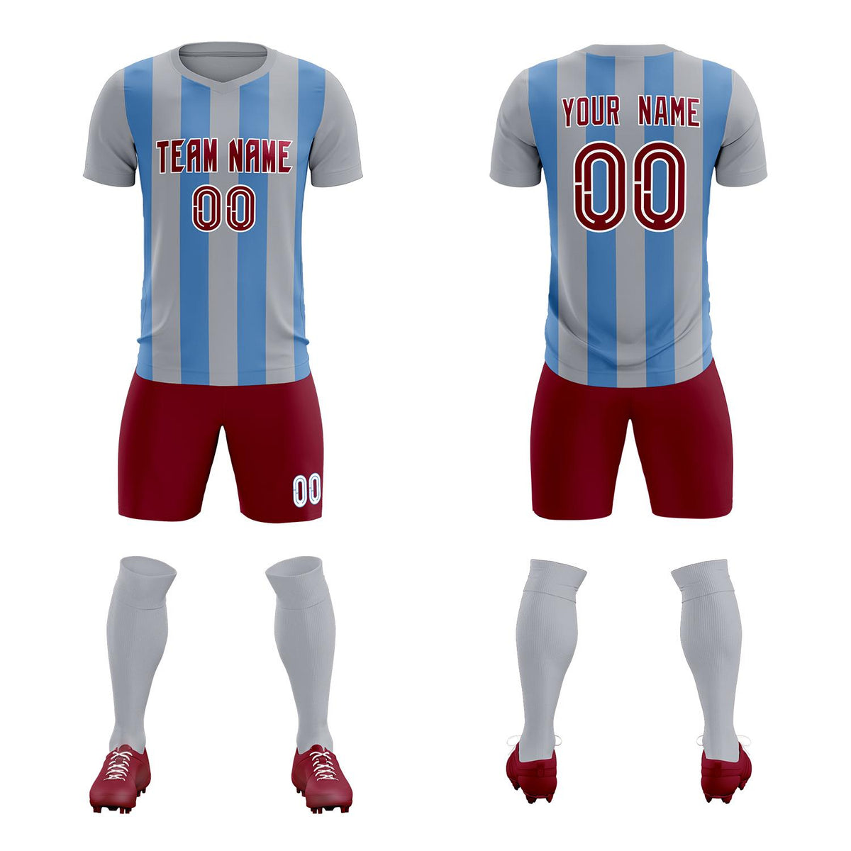 Custom Gray Light Blue Vertical Stripes Casual Outdoor Soccer Sets Jersey