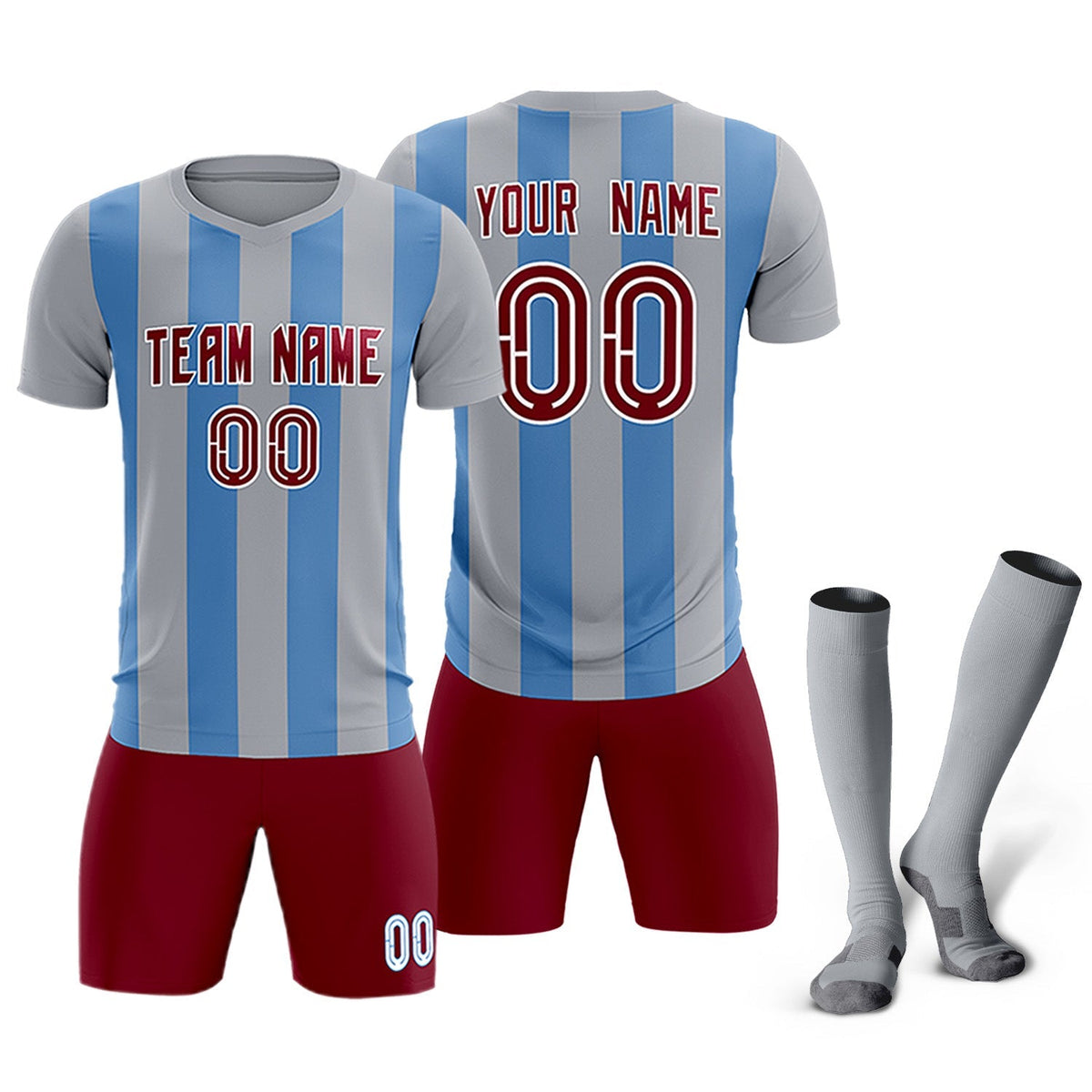 Custom Gray Light Blue Vertical Stripes Casual Outdoor Soccer Sets Jersey
