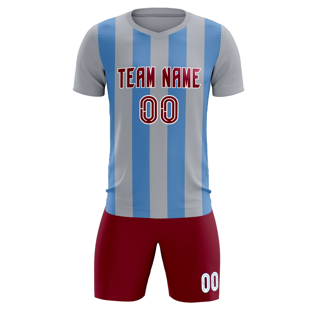 Custom Gray Light Blue Vertical Stripes Casual Outdoor Soccer Sets Jersey