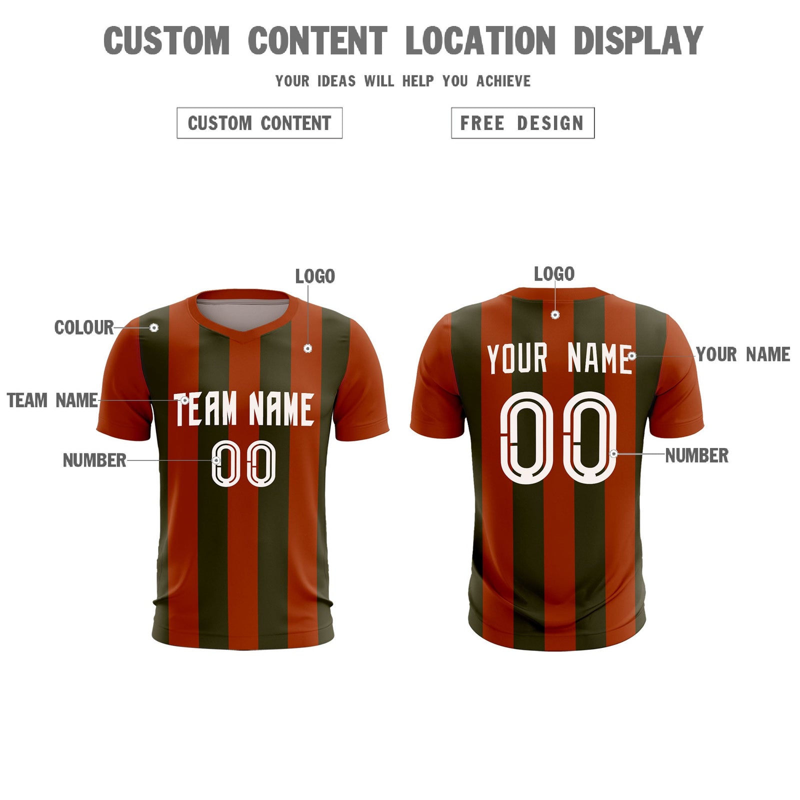 Custom Texas Orange Olive Vertical Stripes Casual Outdoor Soccer Sets Jersey