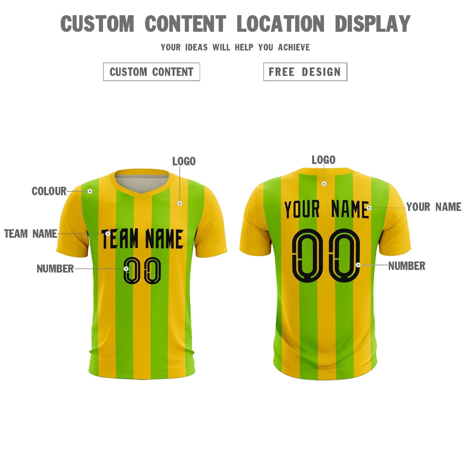 Custom Gold Neon Green Vertical Stripes Casual Outdoor Soccer Sets Jersey