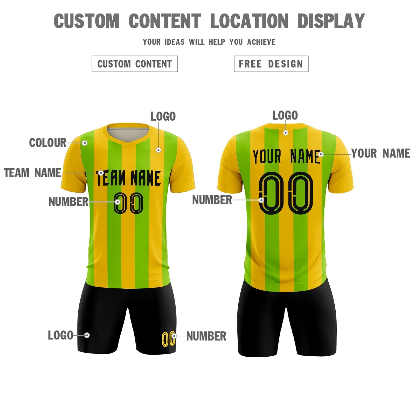 Custom Gold Neon Green Vertical Stripes Casual Outdoor Soccer Sets Jersey