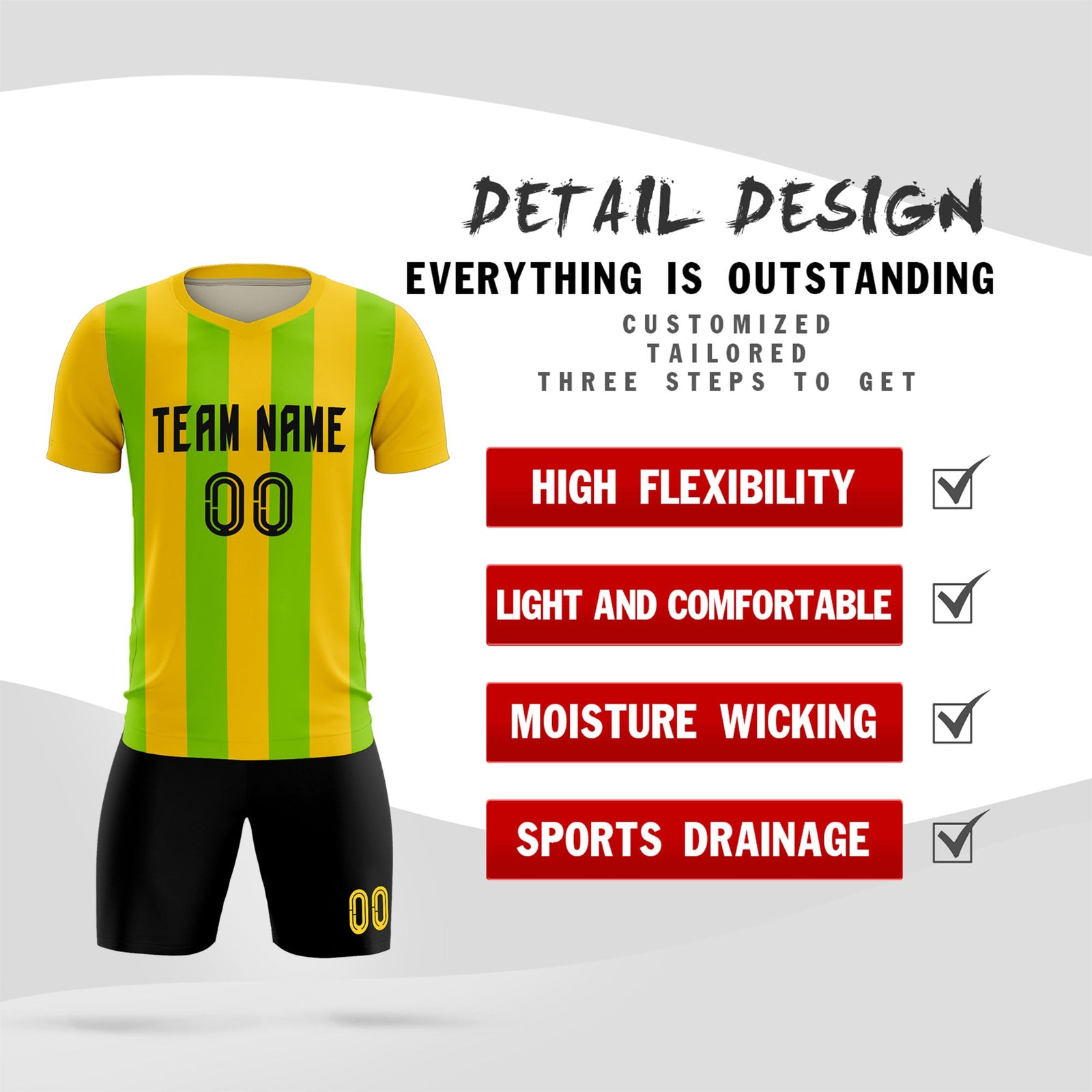 Custom Gold Neon Green Vertical Stripes Casual Outdoor Soccer Sets Jersey