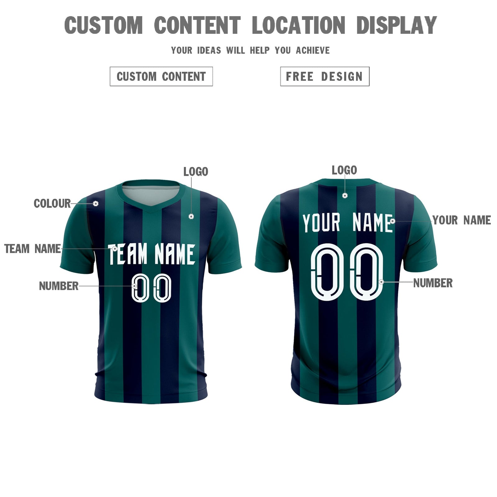 Custom Aqua Navy Vertical Stripes Casual Outdoor Soccer Sets Jersey