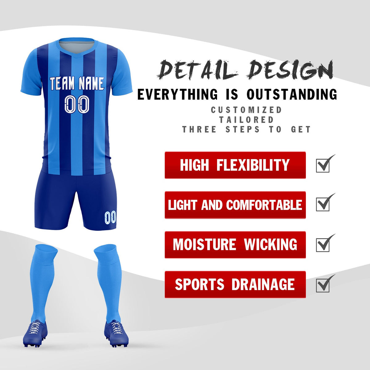 Custom Powder Blue Royal Vertical Stripes Casual Outdoor Soccer Sets Jersey