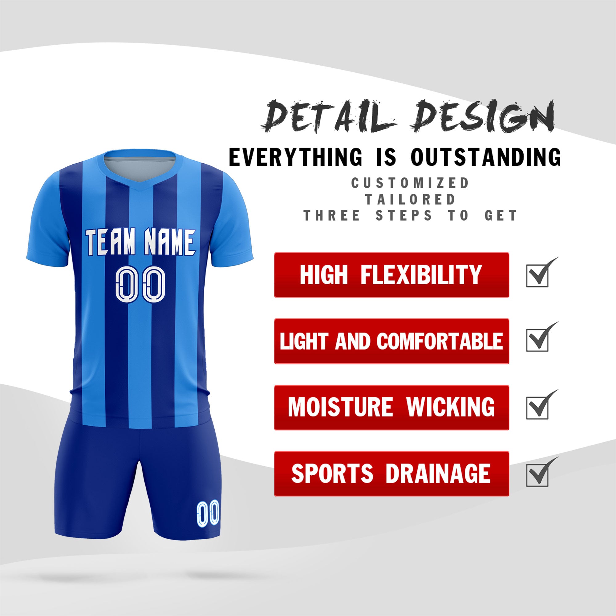 Custom Powder Blue Royal Vertical Stripes Casual Outdoor Soccer Sets Jersey