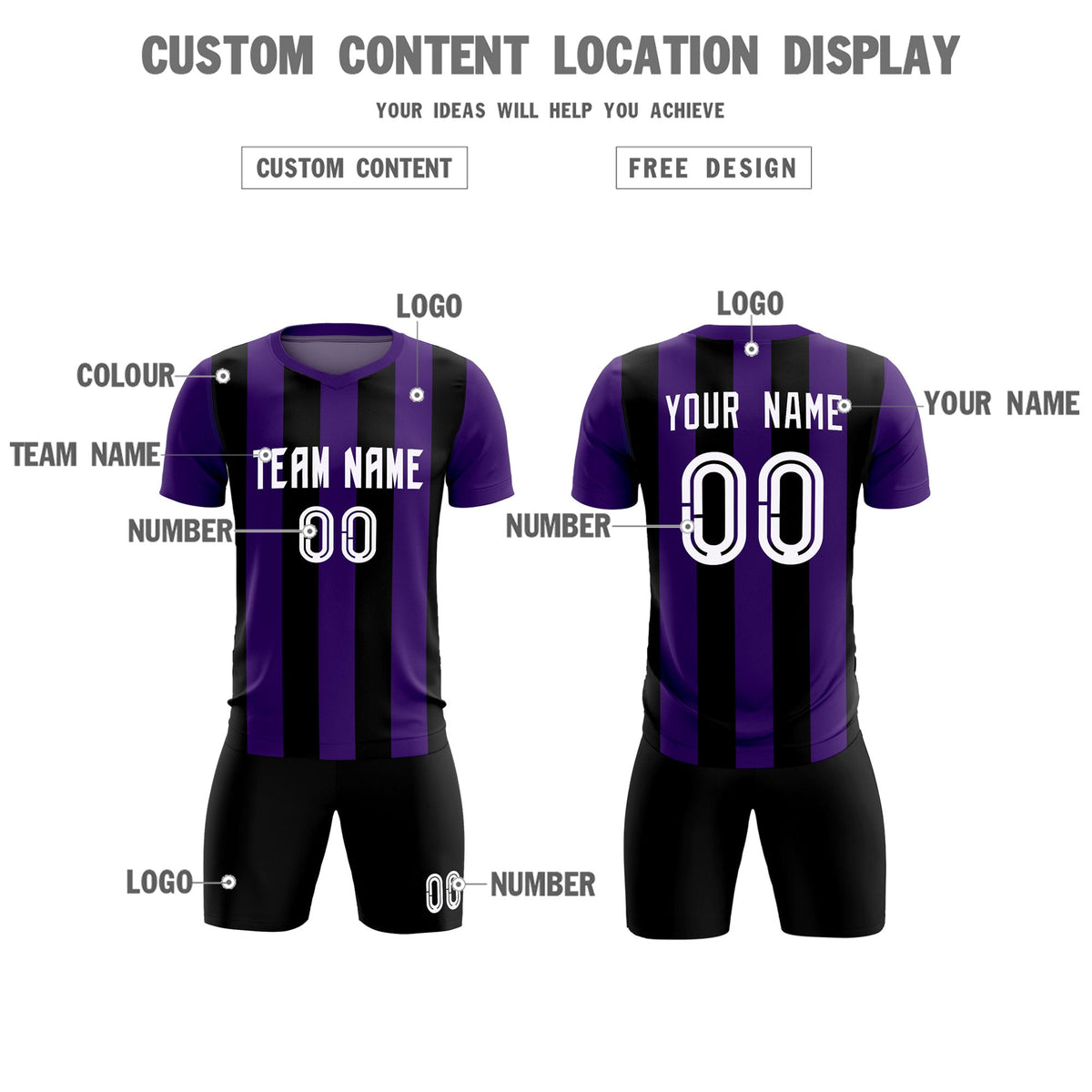 Custom Purple Black Vertical Stripes Casual Outdoor Soccer Sets Jersey