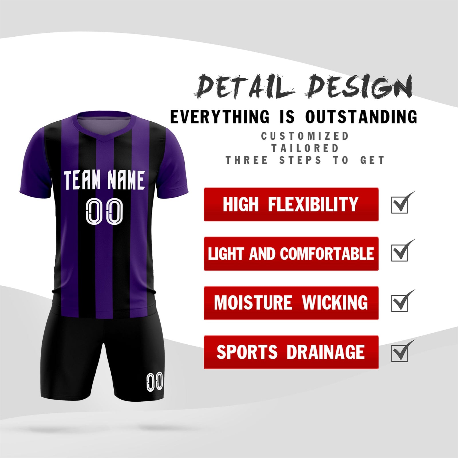 Custom Purple Black Vertical Stripes Casual Outdoor Soccer Sets Jersey