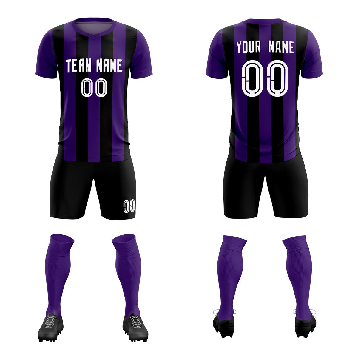 Custom Purple Black Vertical Stripes Casual Outdoor Soccer Sets Jersey