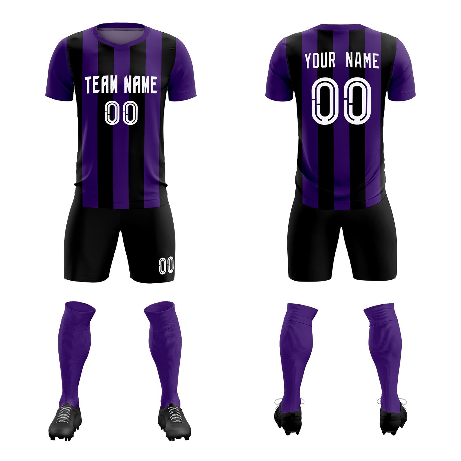Custom Purple Black Vertical Stripes Casual Outdoor Soccer Sets Jersey