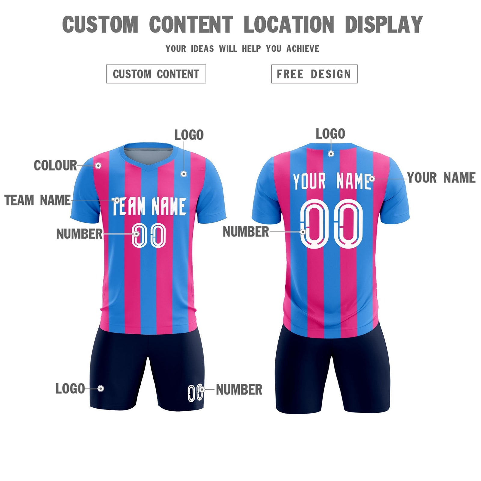 Custom Powder Blue Pink Vertical Stripes Casual Outdoor Soccer Sets Jersey