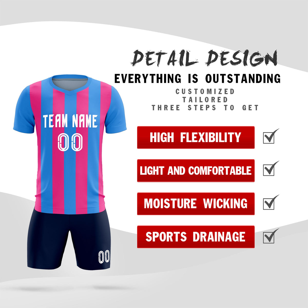 Custom Powder Blue Pink Vertical Stripes Casual Outdoor Soccer Sets Jersey