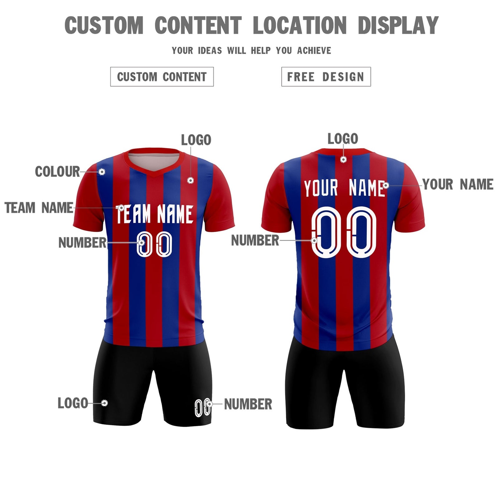 Custom Red Royal Vertical Stripes Casual Outdoor Soccer Sets Jersey