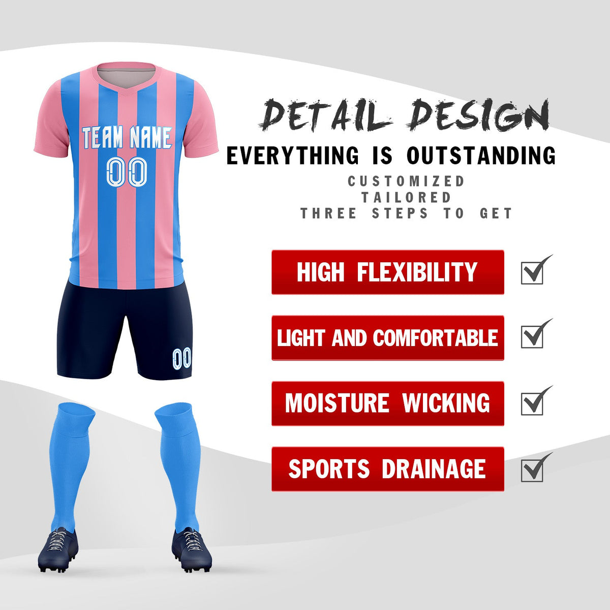 Custom Light Pink Powder Blue Vertical Stripes Casual Outdoor Soccer Sets Jersey