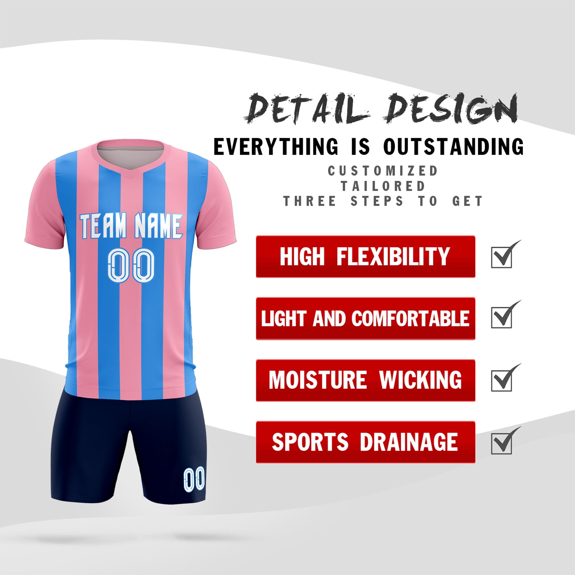 Custom Light Pink Powder Blue Vertical Stripes Casual Outdoor Soccer Sets Jersey