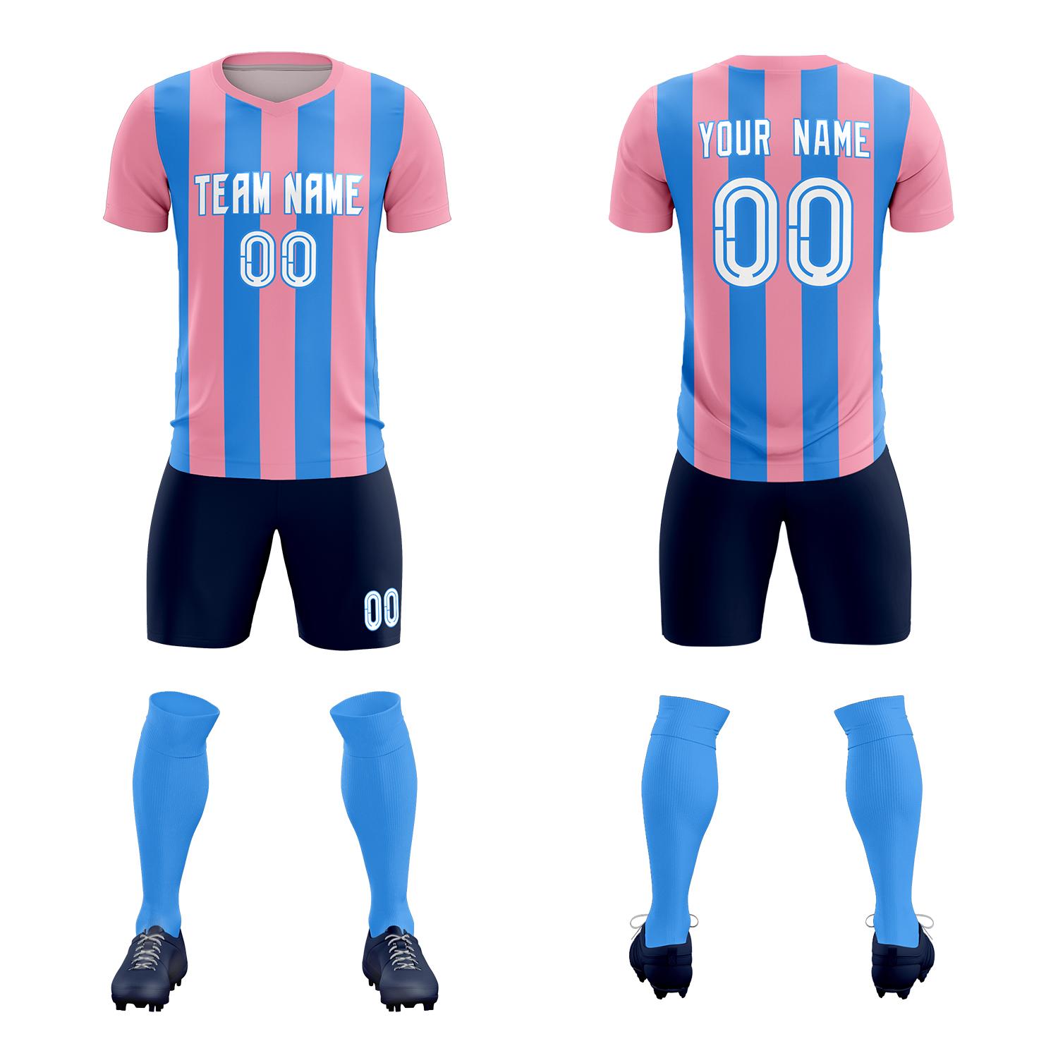 Custom Light Pink Powder Blue Vertical Stripes Casual Outdoor Soccer Sets Jersey