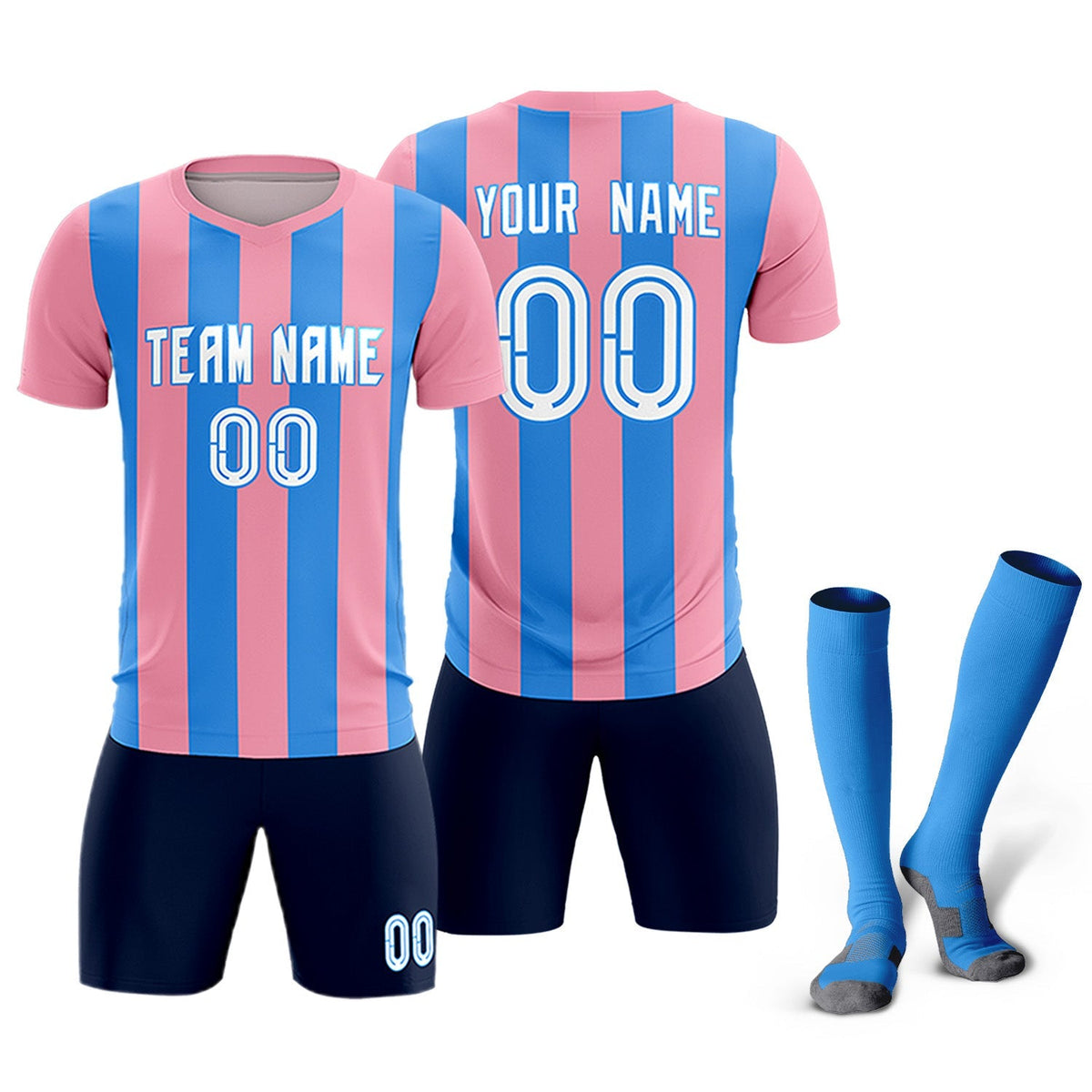 Custom Light Pink Powder Blue Vertical Stripes Casual Outdoor Soccer Sets Jersey
